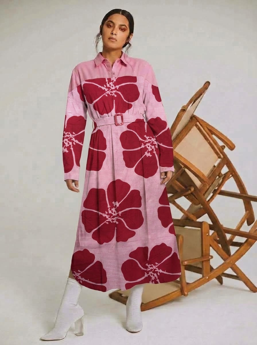 Pink & Crimson Red Bold Floral Striped Midi Dress