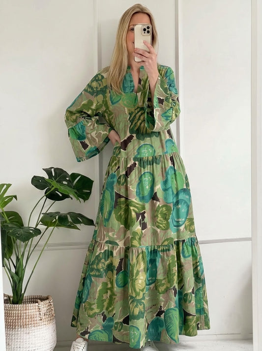 Olive & Emerald Green Tropical Leaf Printed Tiered Maxi Dress