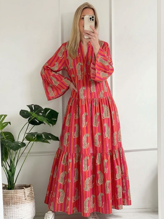 Pink & Orange Striped Leopard Printed Maxi Dress