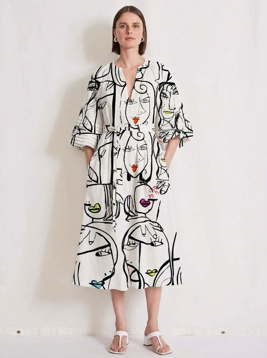 White & Black Abstract Art Face Printed Midi Dress