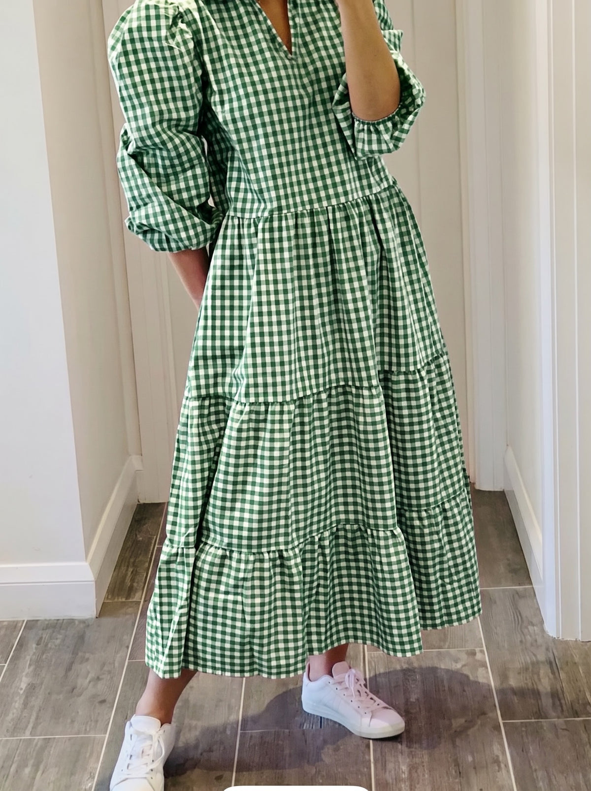 Green Gingham Checked Tiered Maxi Dress