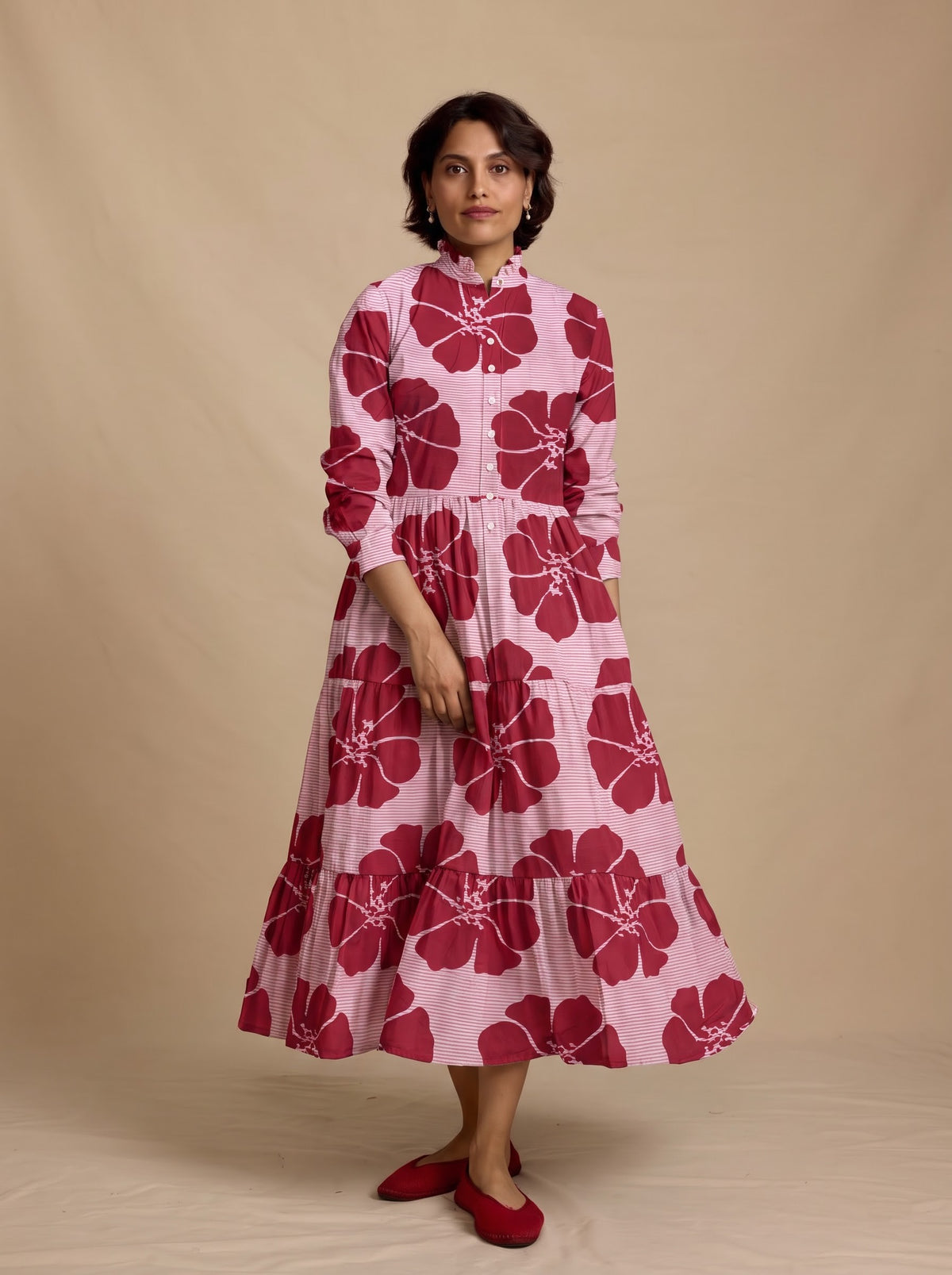 Maroon Floral Striped Tiered Midi Dress