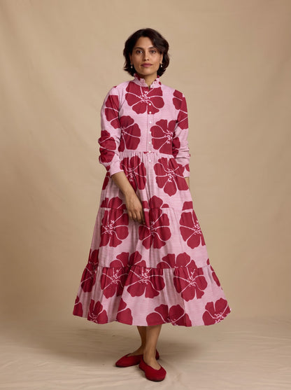 Maroon Floral Striped Tiered Midi Dress