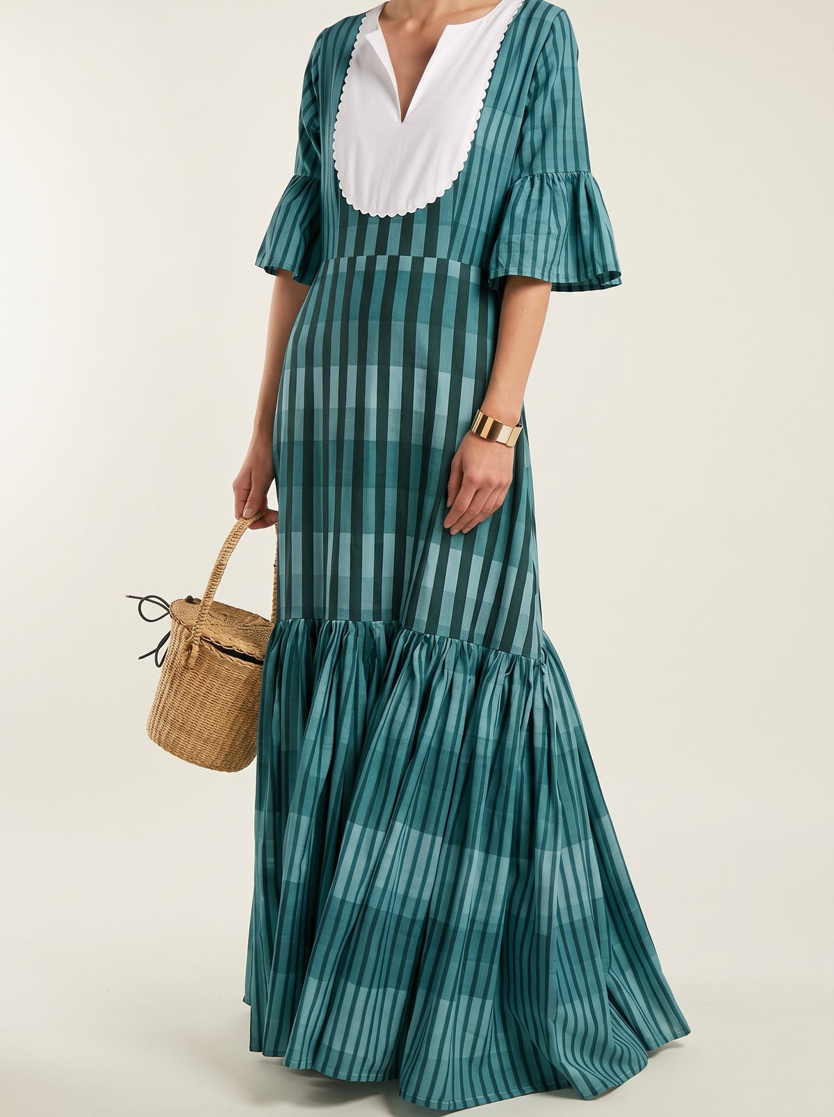 Elegant Green Plaid-Striped Tiered Maxi Dress