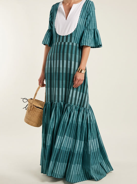 Elegant Green Plaid-Striped Tiered Maxi Dress
