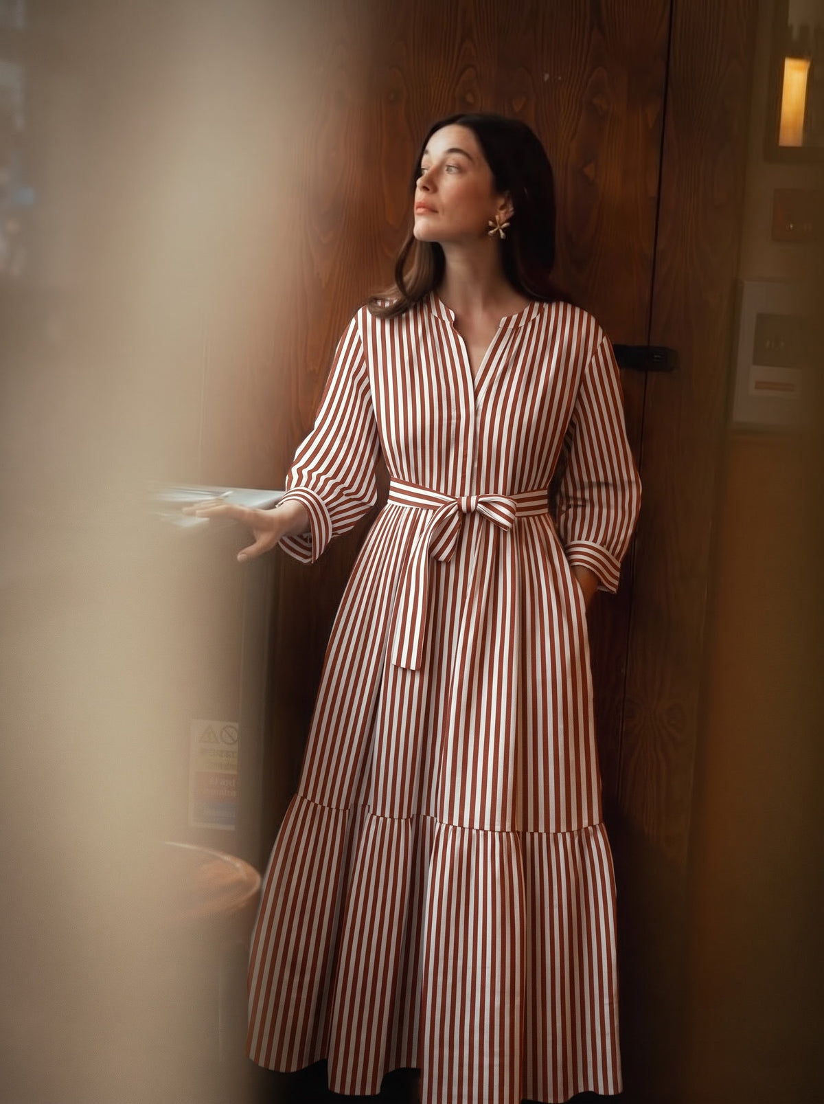 Elegant Vertical Striped Belted Maxi Dress