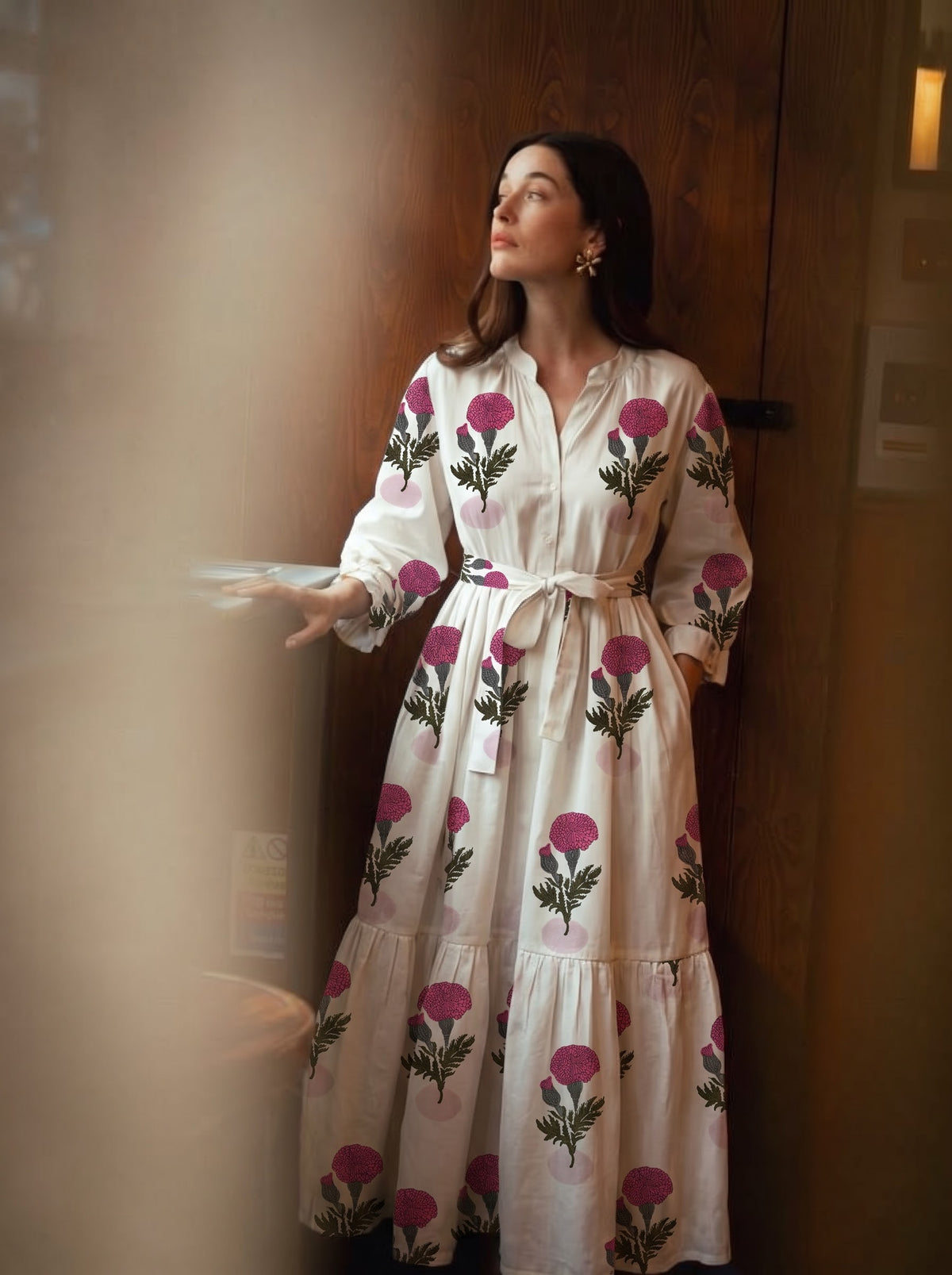 Elegant Pink Botanical Tiered Maxi Dress