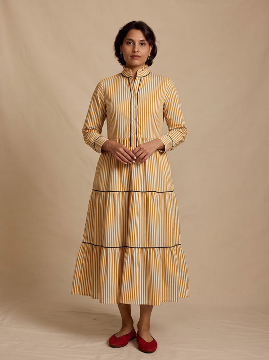 Mustard Yellow Striped Tiered Midi Dress