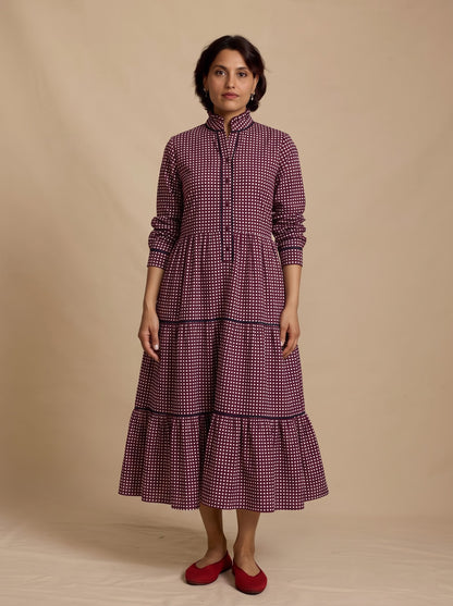 Maroon Checked High-Neck Tiered Midi Dress