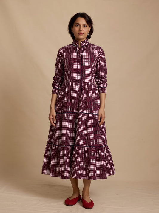 Maroon Checked High-Neck Tiered Midi Dress