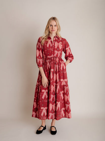 Red Ribbon Motif Tiered Shirt Maxi Dress