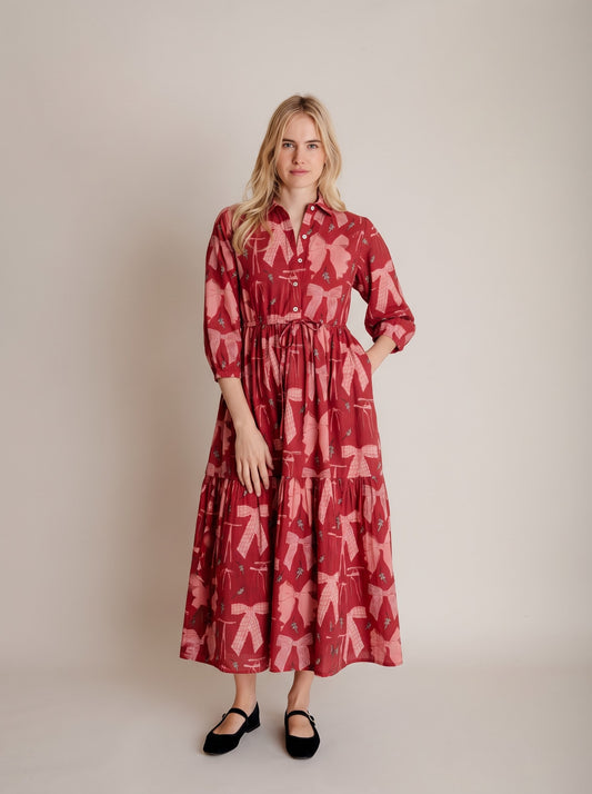 Red Ribbon Motif Tiered Shirt Maxi Dress
