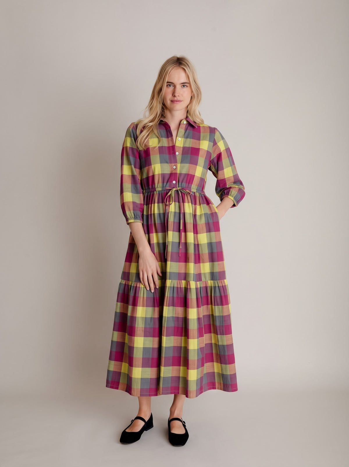 Multicolor Plaid Check Shirt Maxi Dress