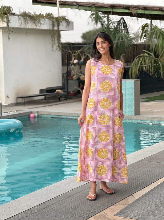 Pink Striped Citrus Lemon Print Maxi Dress