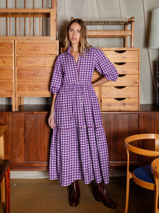 Purple Gingham Checked Tiered Maxi Dress