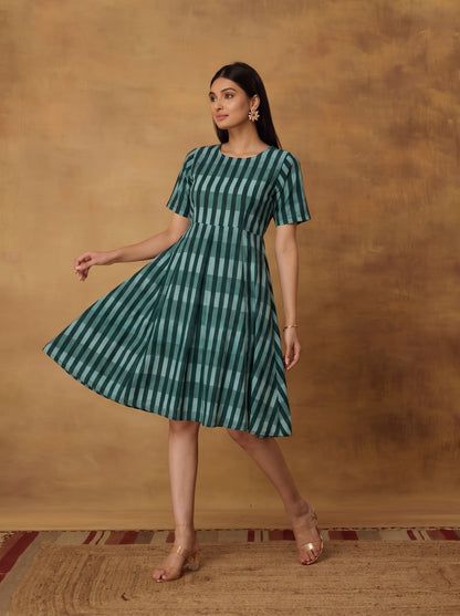 Elegant Green Striped Print Flared Dress