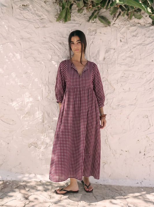Maroon Gingham Checked V-Neck Maxi Dress