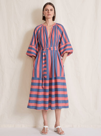 Elegant Coral & Blue Striped Midi Dress