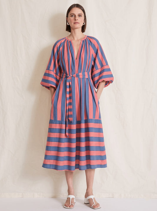 Elegant Coral & Blue Striped Midi Dress