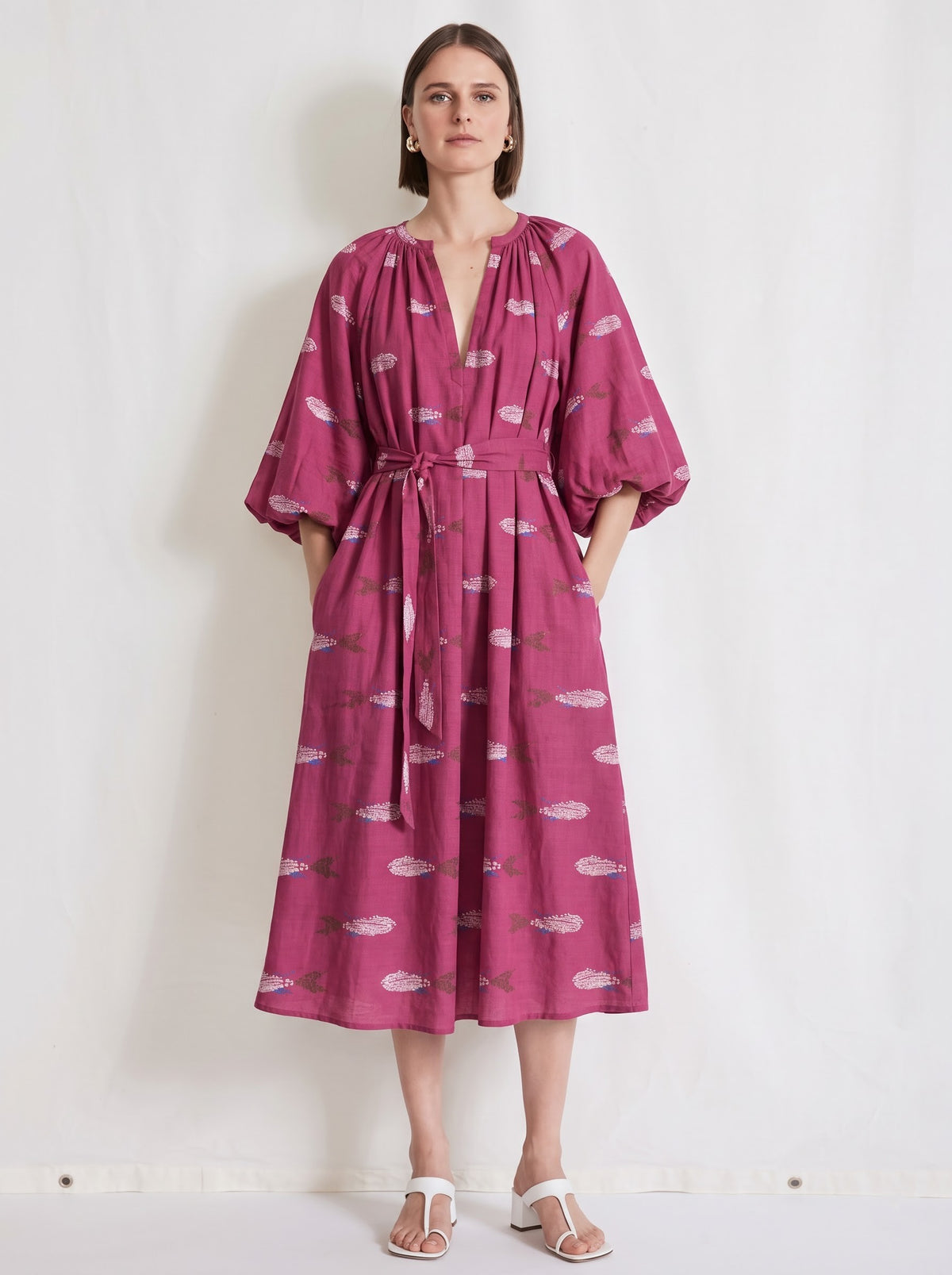 Magenta Pink Printed Belted V-Neck Midi Dress