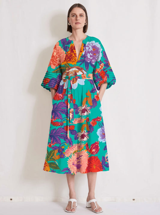 Teal Green Floral Print Belted Midi Dress