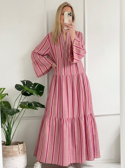 Dusty Pink & Magenta Striped Tiered Maxi Dress