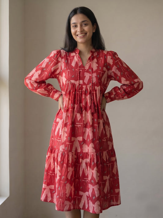 Red Ribbon Bow Printed Tiered Midi Dress