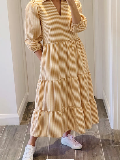 Mustard Yellow Striped Tiered Maxi Dress