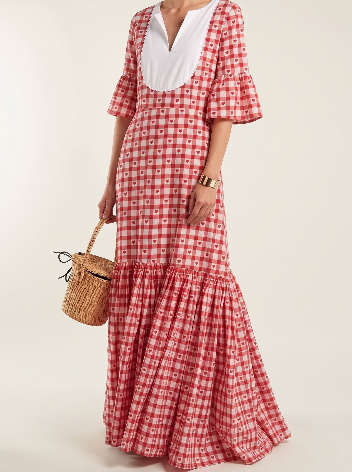 Red Heart Gingham Scalloped Maxi Dress