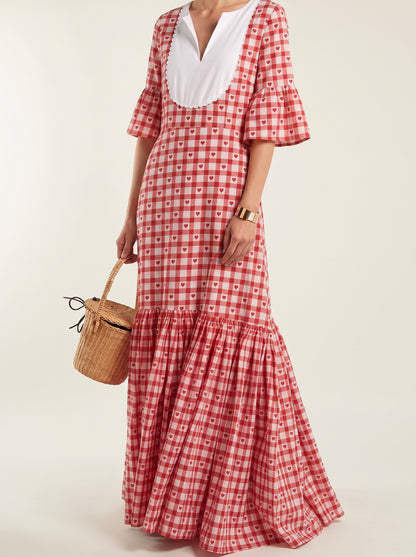 Red Heart Gingham Scalloped Maxi Dress