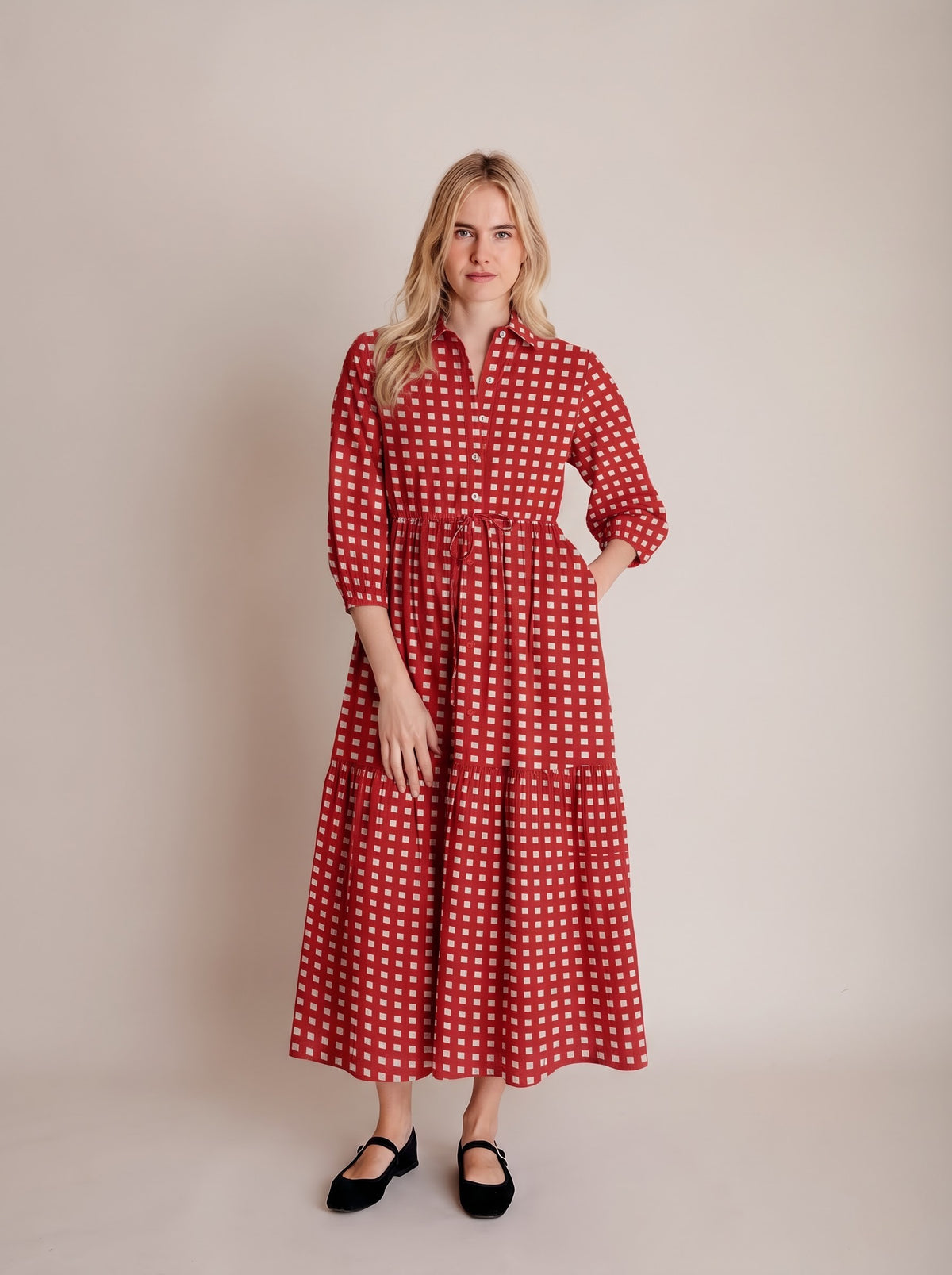 Rust Red Geometric Check Printed Maxi Dress