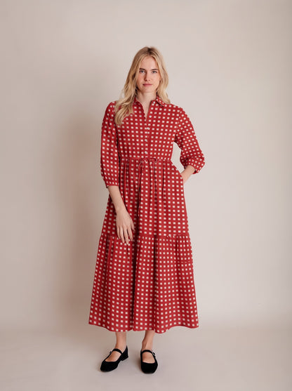 Rust Red Geometric Check Printed Maxi Dress
