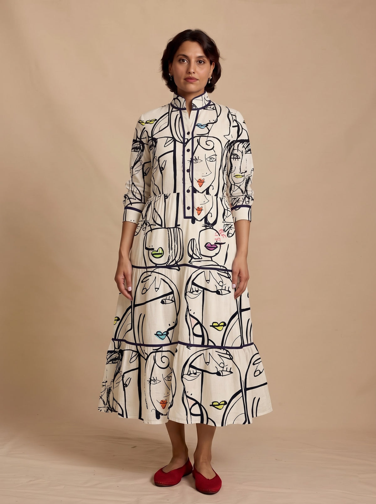 Off-White Abstract Art Printed Tiered Maxi Dress