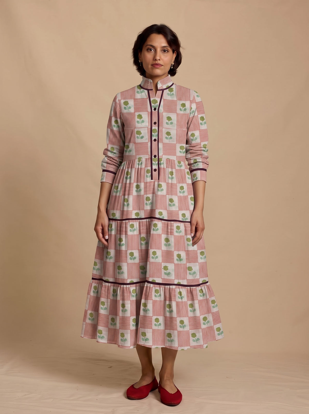 Pink Striped Grid Floral Tiered Maxi Dress