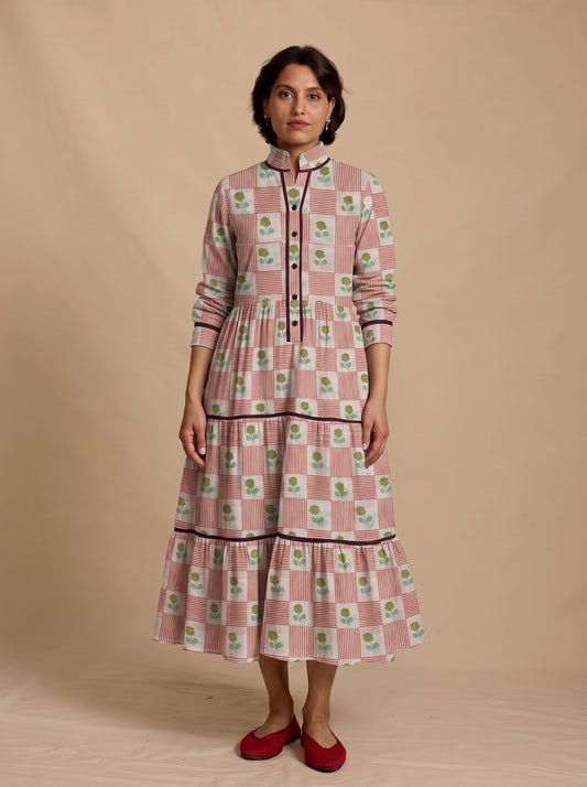 Pink Striped Grid Floral Tiered Maxi Dress
