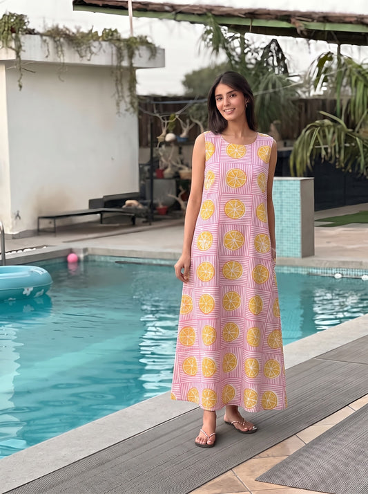 Pink Striped Lemon Printed Maxi Dress