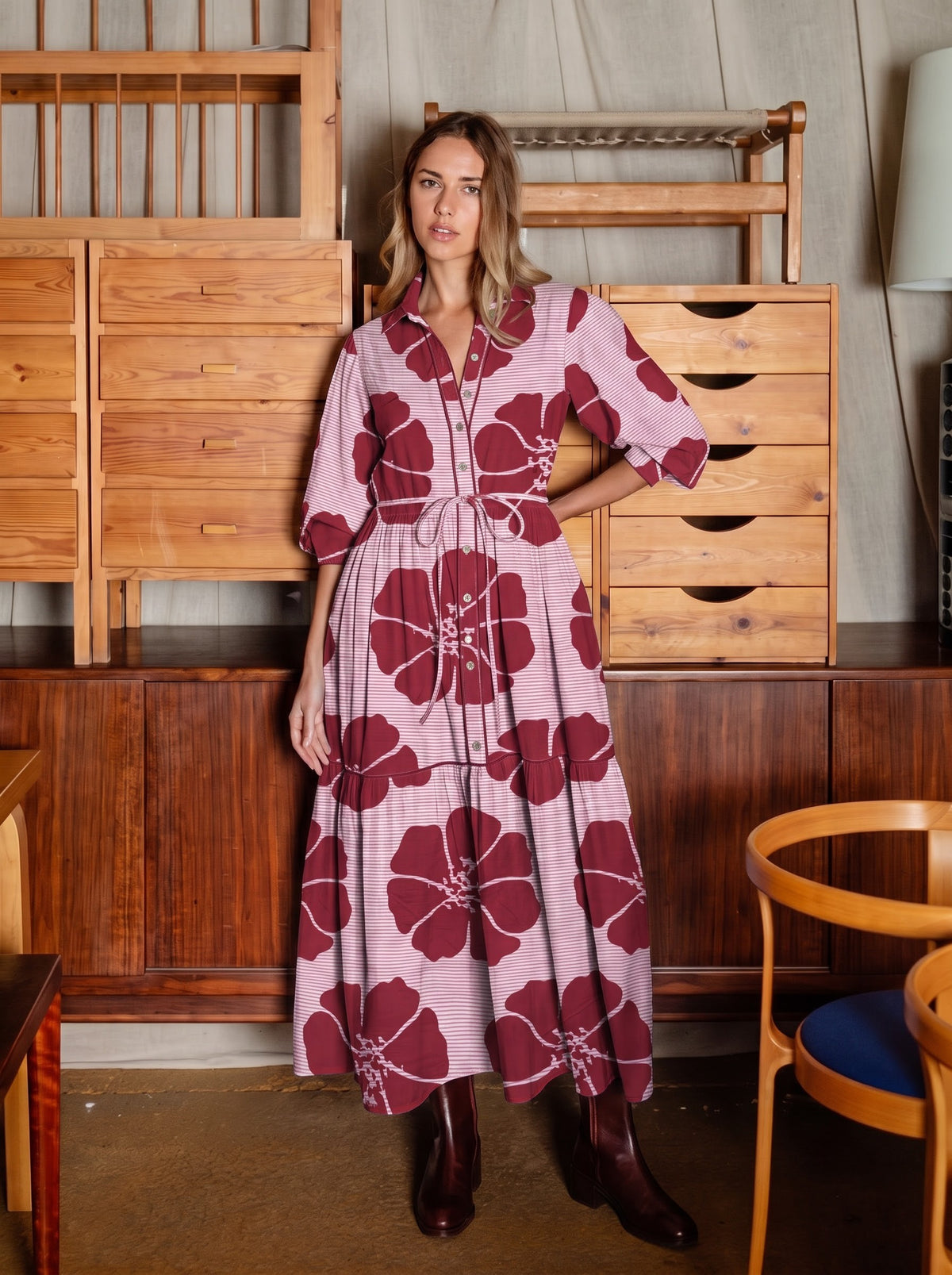 Pink & Maroon Bold Floral Printed Maxi Dress
