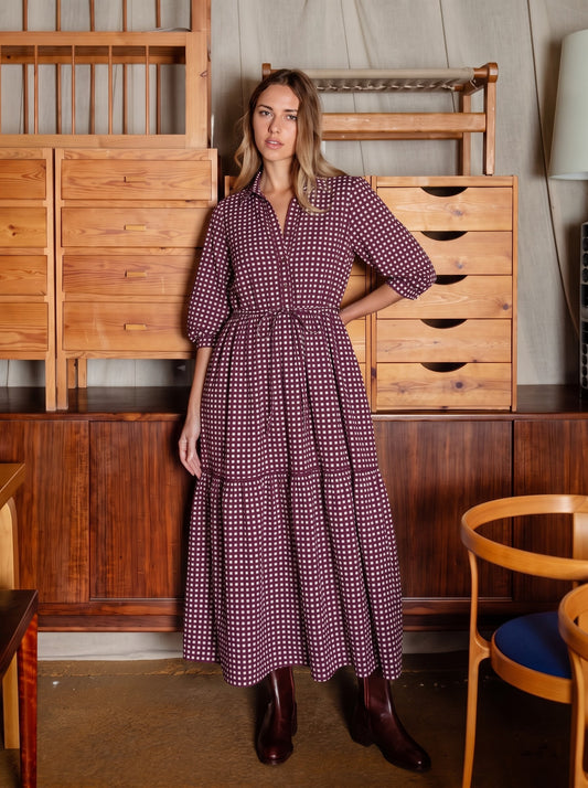 Burgundy Maroon Geometric Check Printed Maxi Dress