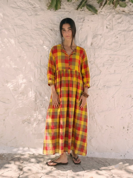 Multicolor Plaid Check V-Neck Maxi Dress