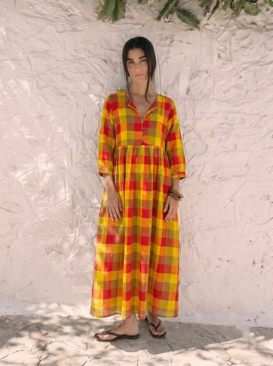 Multicolor Plaid Check V-Neck Maxi Dress