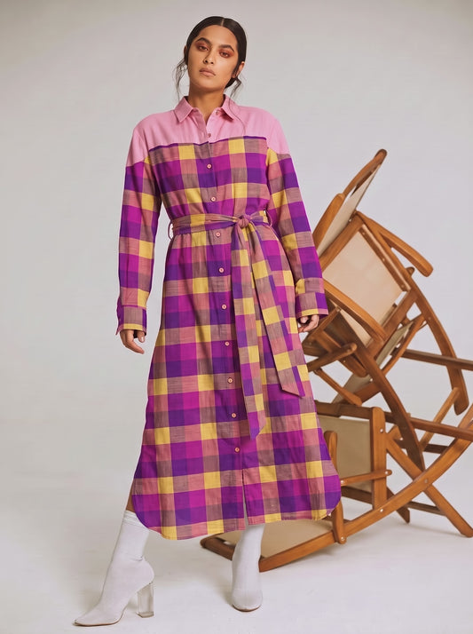 Purple & Yellow Check Belted Maxi Dress