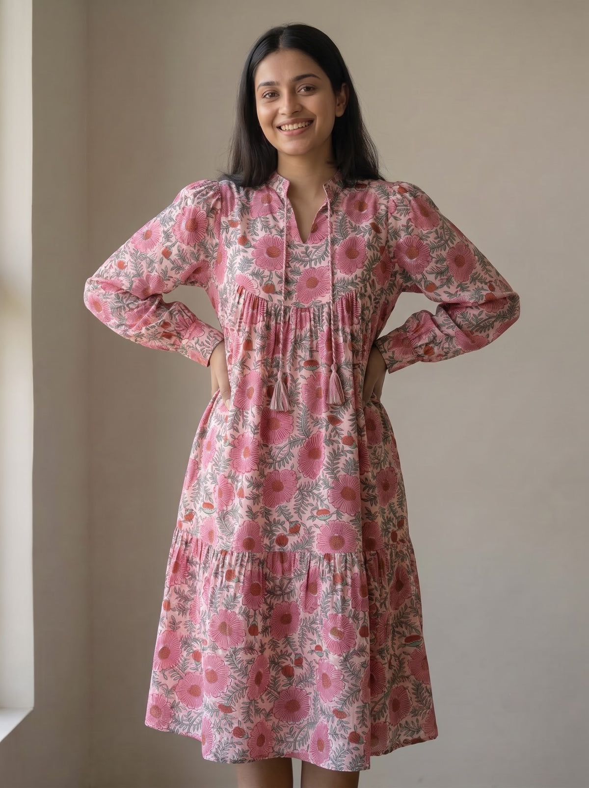 Dusty Pink Floral Block Printed Midi Dress