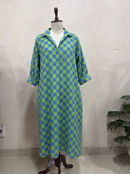 Blue & Green Checkered Maxi Dress