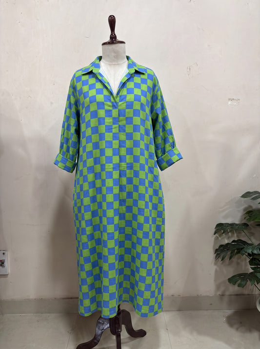 Blue & Green Checkered Maxi Dress