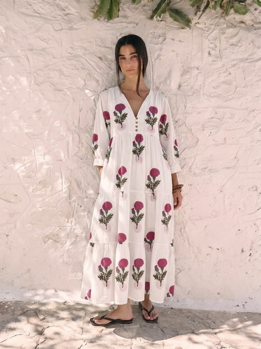 White & Magenta Pink Floral Printed Maxi Dress