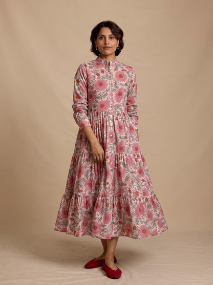 Elegant Pink Floral Printed Midi Dress