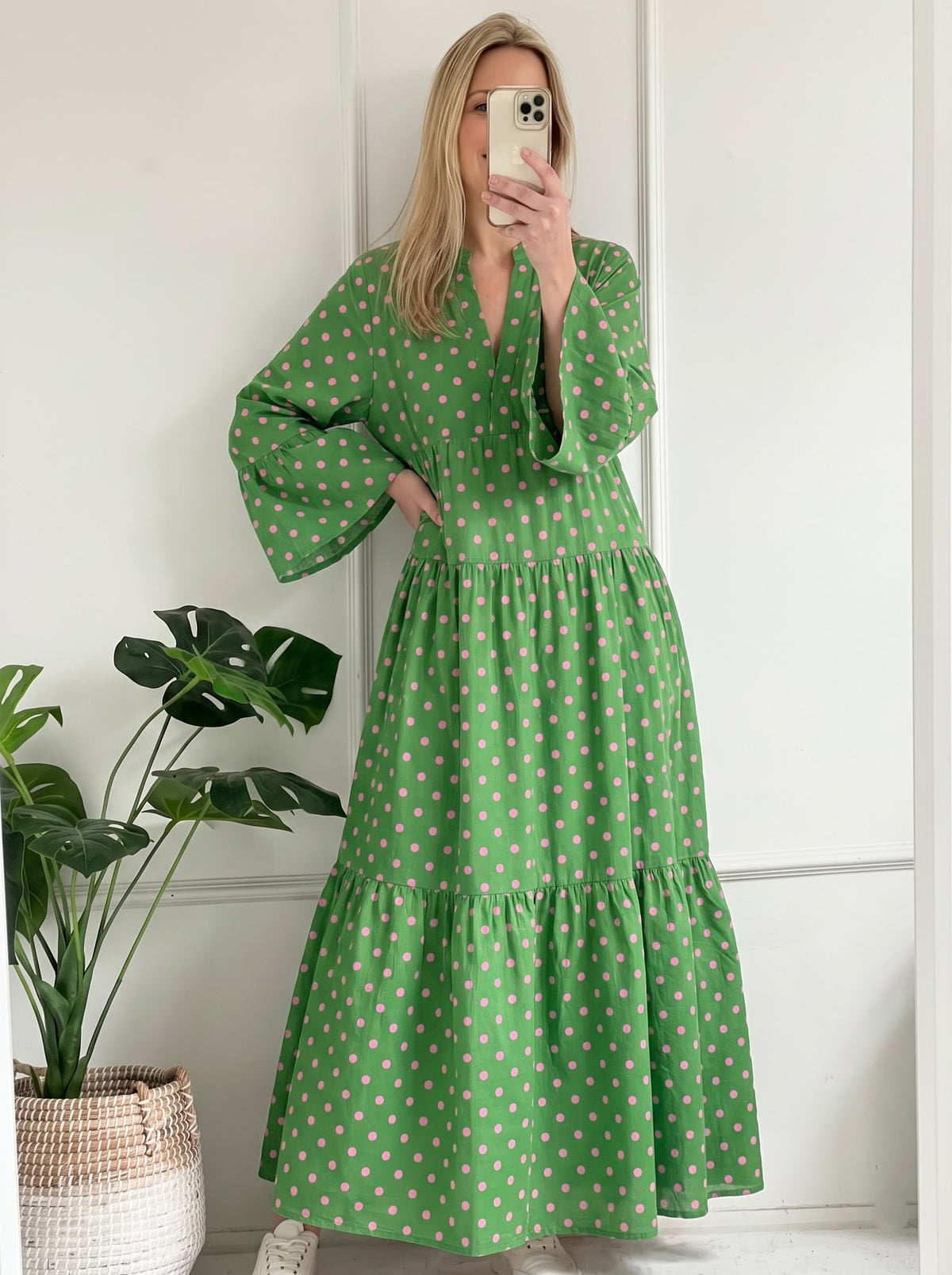 Green & Pink Polka Dot Tiered Maxi Dress