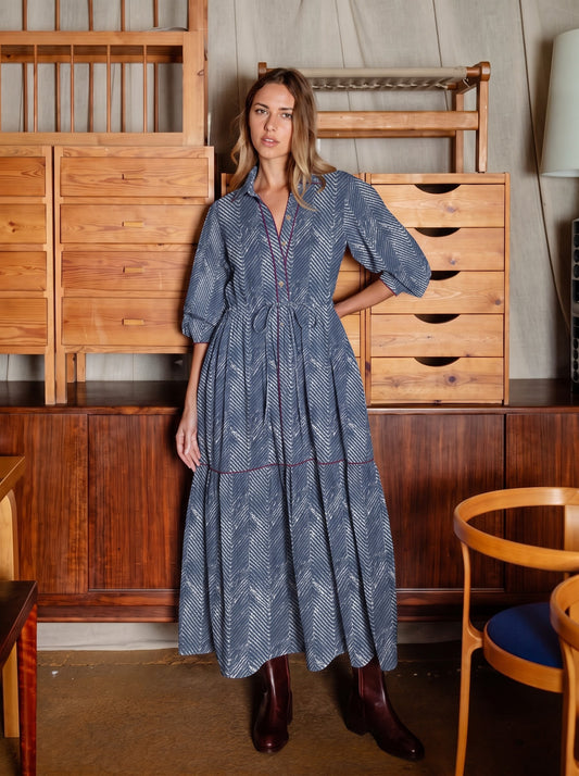 Slate Blue Geometric Chevron Tiered Maxi Dress