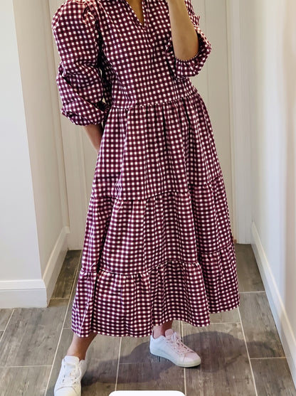 Maroon & White Gingham Checked Maxi Dress