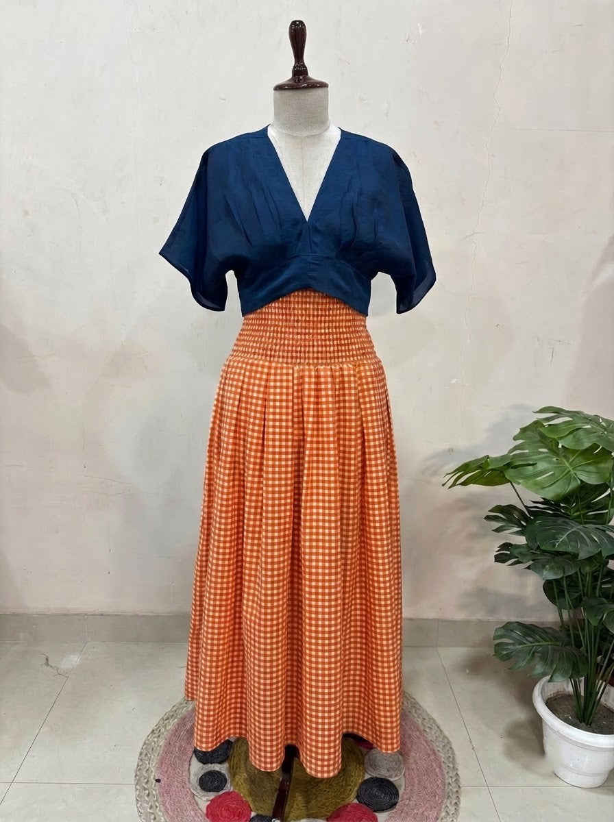 Orange Checkered Skirt Top Set